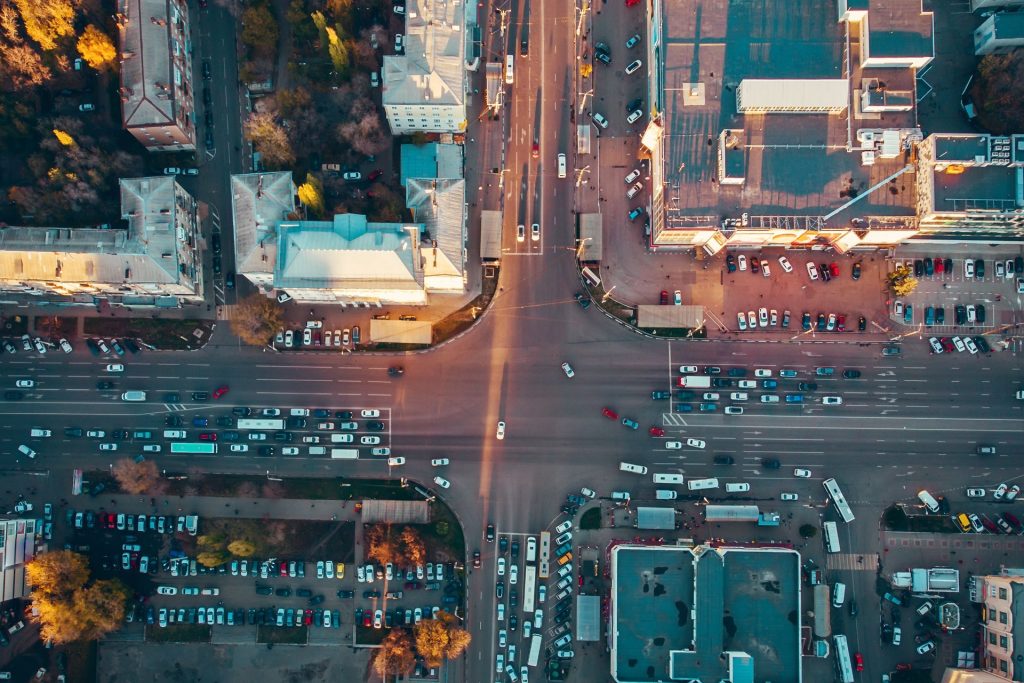 Overhead shot of busy city traffic.
